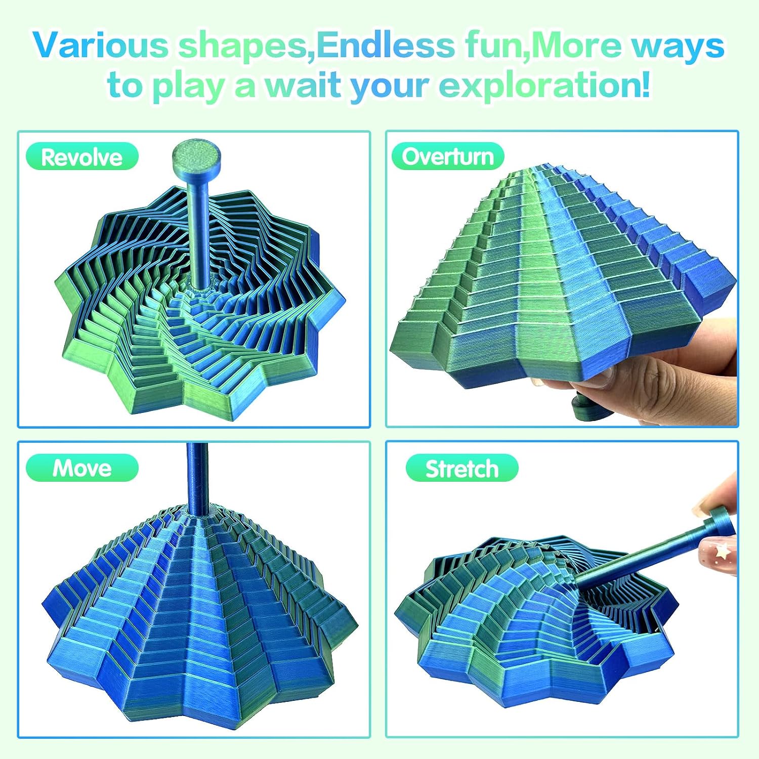 9 Pcs 3D Printed Fidget Toys with Detachable Handle, Changing Spiral Stress Relief Star with Sound，3-d Transformable Expanded Sensory Set for Adults& Kids,Figet Print Round Toy for Office Desk（LSL