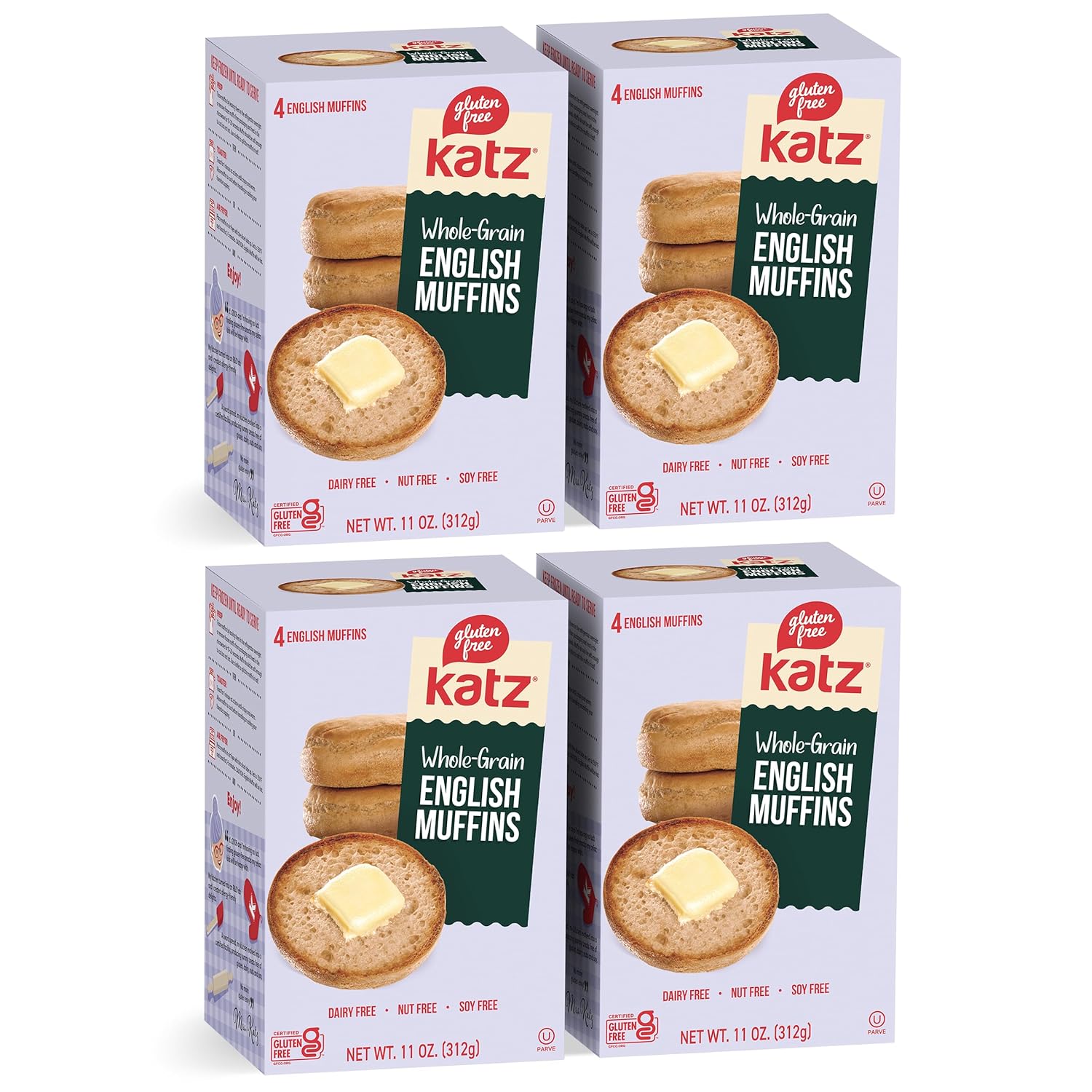 Katz Gluten Free Whole Grain English Muffins - Soy, Dairy, Egg, Nut & Sesame Free. Ready to Eat Breakfast Rolls 11oz (4pk)