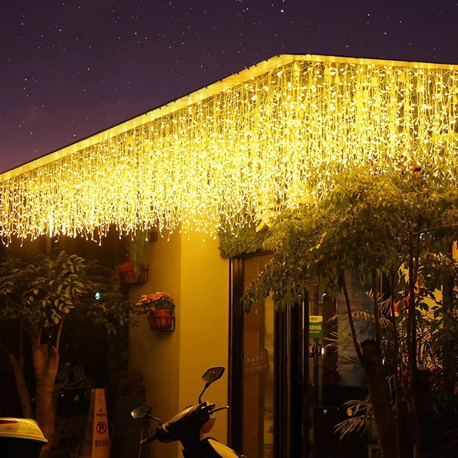 LED Icicle Lights, 8 Modes 19.7FT 150 LEDs Christmas Short Curtain Fairy Hanging Ceiling Extendable Lights for Wedding Balcony Doorway Outdoor Indoor Decoration Warm White, 6M05