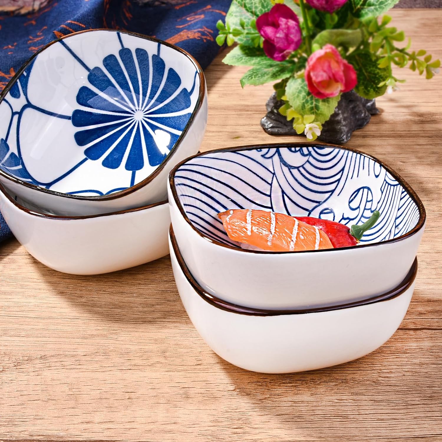 Japanese Style Ceramic Dipping Sauce Bowls Set of 4 Sushi Dishes for Sauce Spice Seasoning Soy Blue and White Pinch Bowls for Kitchen Prep