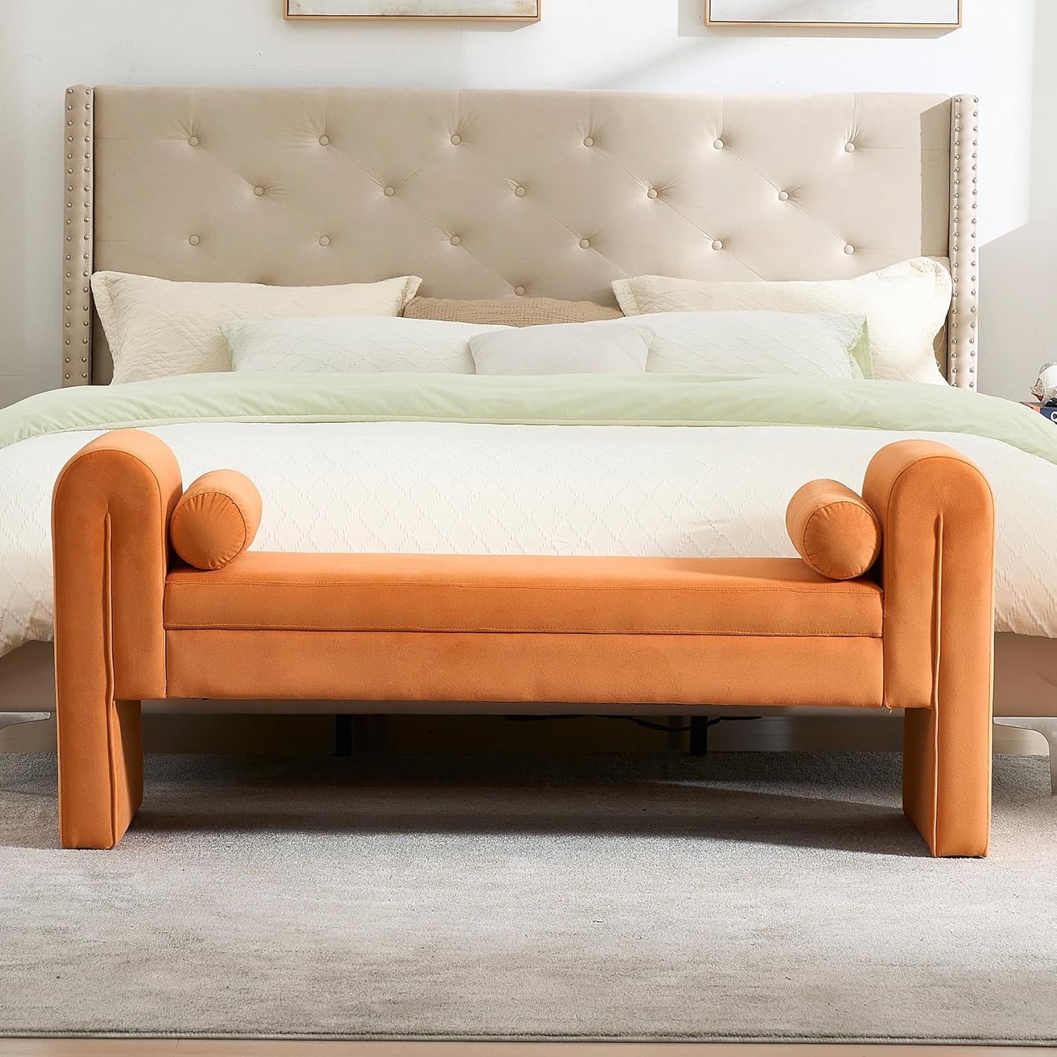 60.5" End of Bed Bench, Velvet Bedroom Bench,King Bed Bench,with 2 Pillows,Upholstered Bench,Suitable for End of Bed, Entryway Living Room,Bedroom. (Orange)