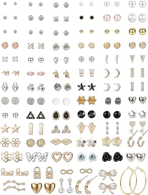 KALVICA 81 Pairs Assorted Multiple Stud Earrings Set for Women Girls Hypoallergenic Stud Earrings Small Cute Simple Faux Pearl Hoop Dangle Earrings Bar Moon Star Flower CZ Stud Earring Jewelry