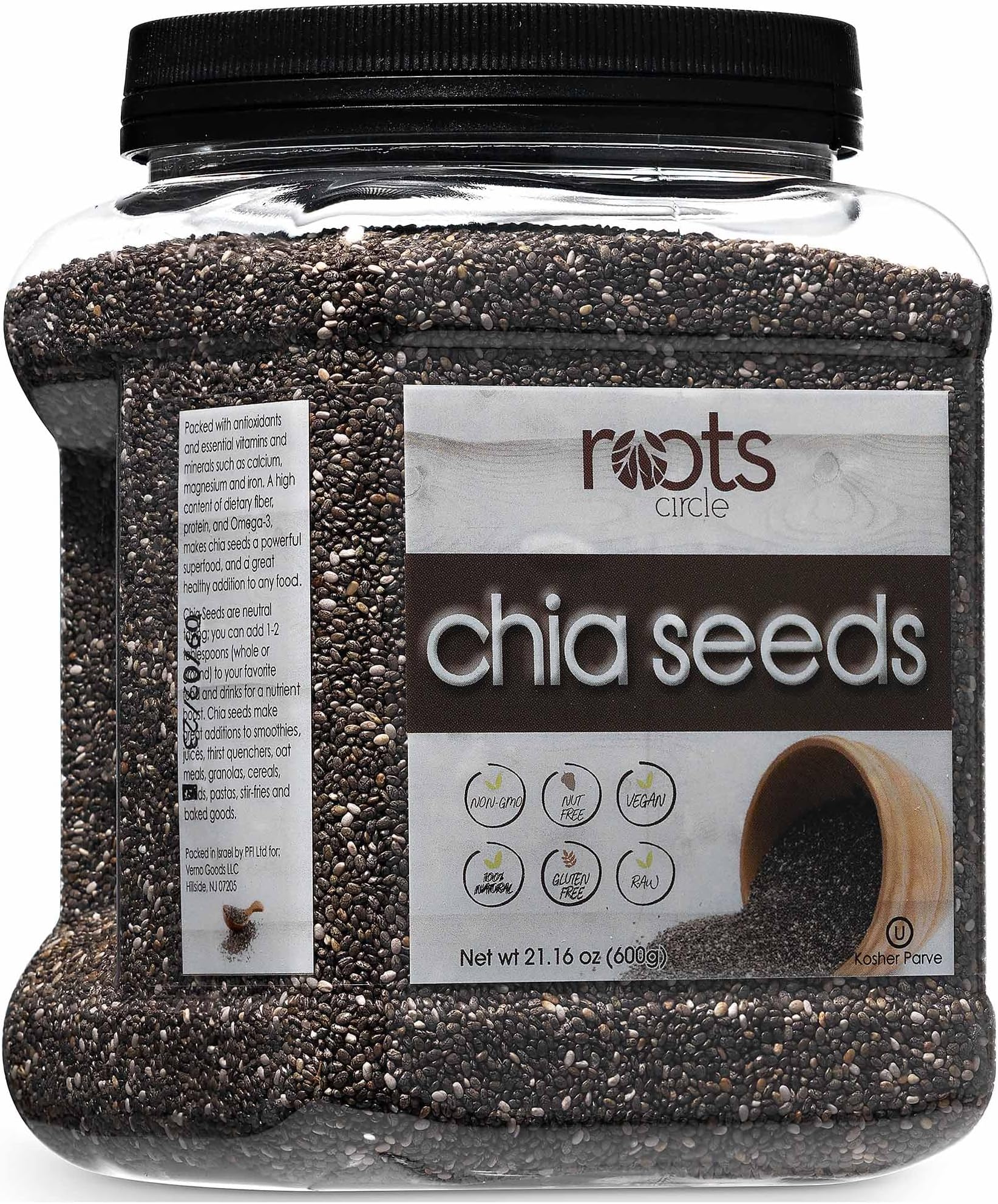 Roots Circle Non-GMO Chia Seeds | 1.3 Pound (Pack of 1) Raw Superfood, Vegan, Kosher, Nut & Gluten Free, Keto & Paleo Friendly | Add Omega 3 & Protein to your Salad, Smoothie, Oatmeal, & Acai Bowl