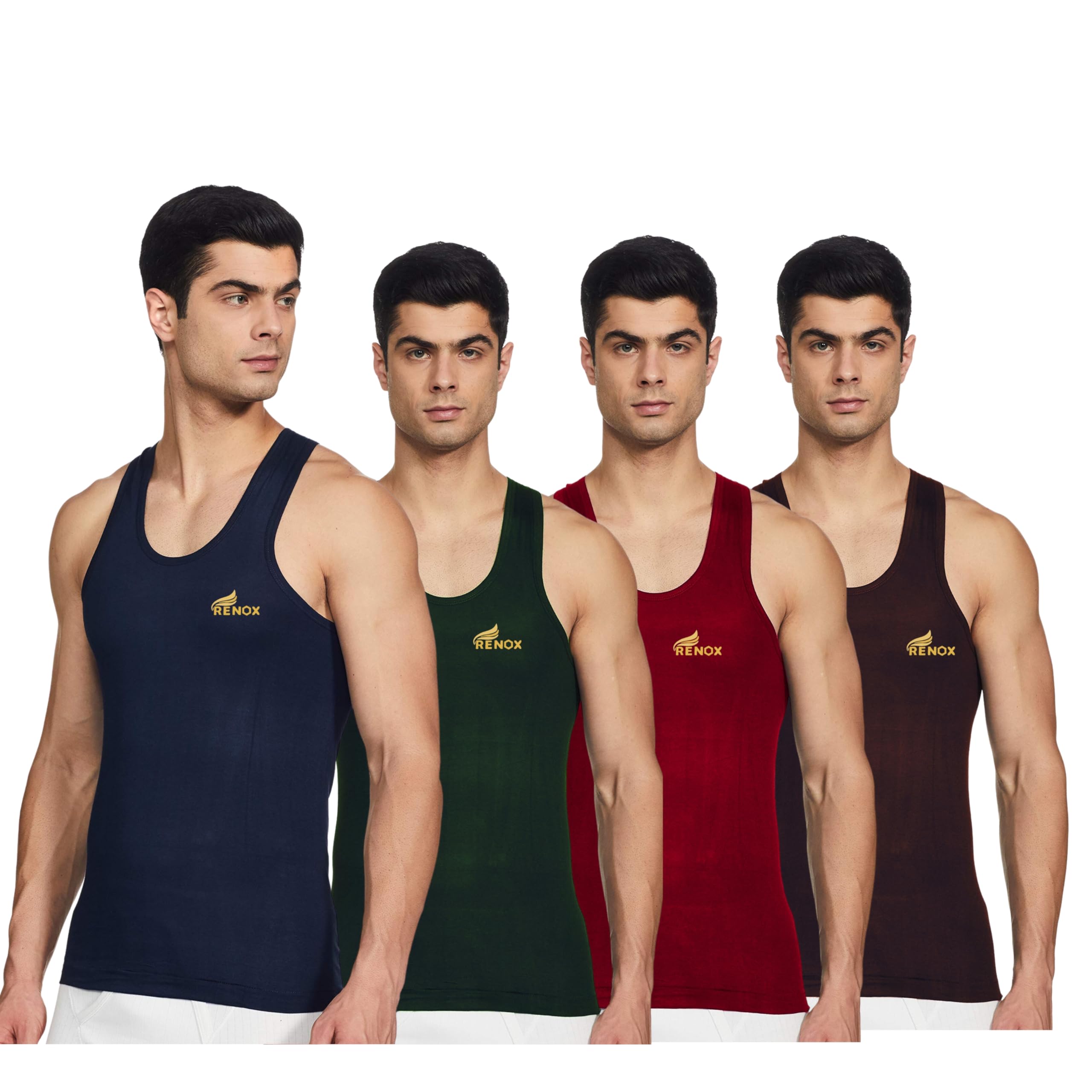 renox Men's Cotton Sleeveless RN Vest | Colour - Multi | Size - P - Pack of 4-picture-23