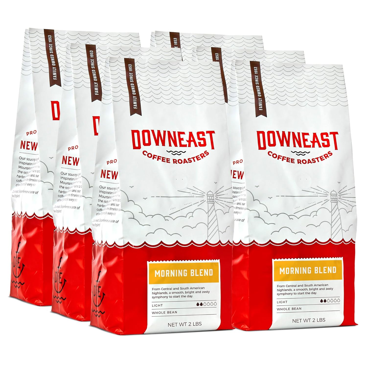 Downeast Coffee Roasters Whole Bean Coffee - Morning Breakfast Blend, Light Roast, 100% Arabica Coffee - Smooth, Bright and Balanced - South American Highlands Blend (2lb Bag, Pack of 6)