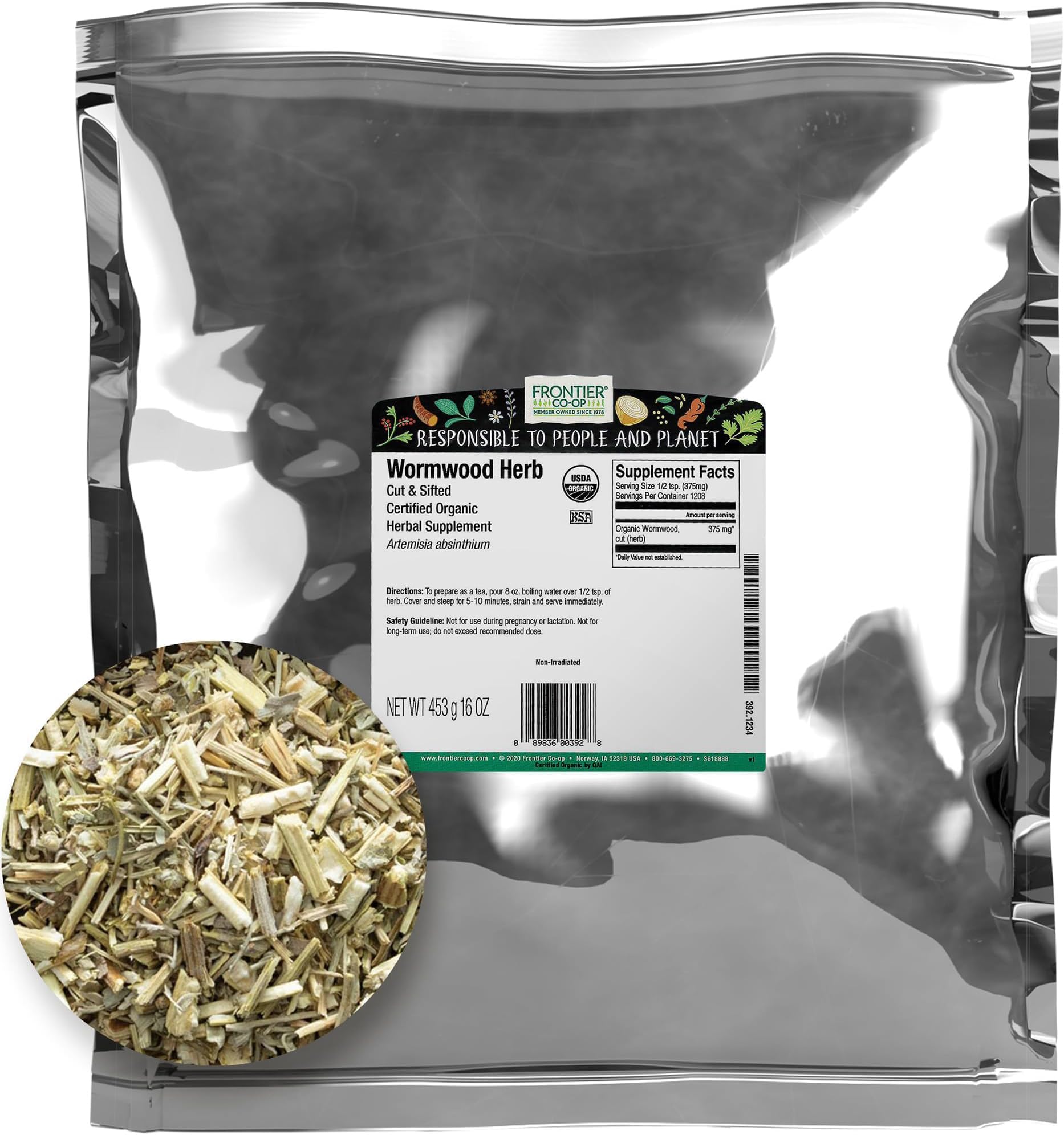 Organic Wormwood Herb, 1lb Bulk Bag, Cut and Sifted - Artemisia Absinthium | Wormwood Tea and Herbal Uses, Kosher