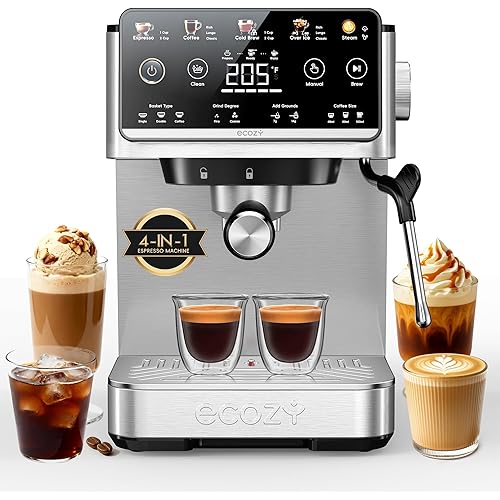 ecozy 4-in-1 Espresso Machine and Coffee Maker Combo with Milk Frother, Cold Brew & Over Ice, Interactive Touch Screen, Stainless Steel, Brezzano Elite Series for Cappuccinos, Lattes, Americanos