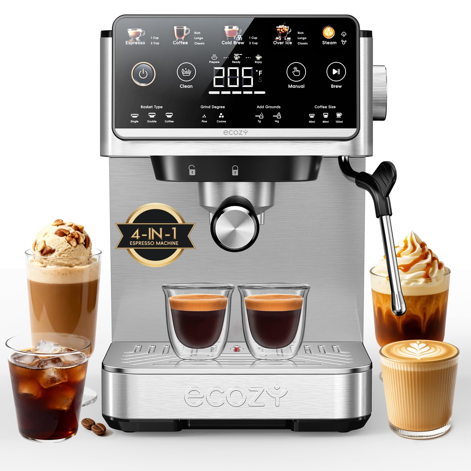 ecozy 4-in-1 espresso machine and coffee maker combo with milk frother, cold brew & over ice, interactive touch screen, stainless steel, brezzano elite series for cappuccinos, lattes, americanos