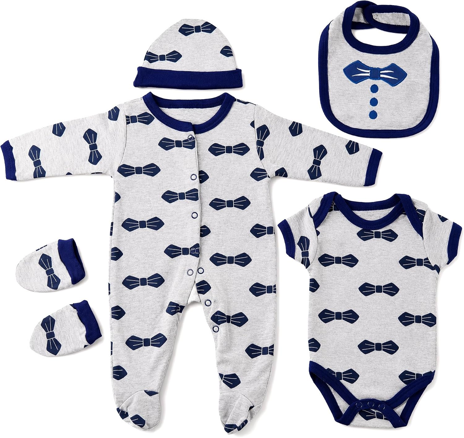 Newborn Baby Clothes 5 Piece Set 100% Cotton Long Short Sleeve Bodysuit Hat Infant Outfit Essentials 0-6 Months