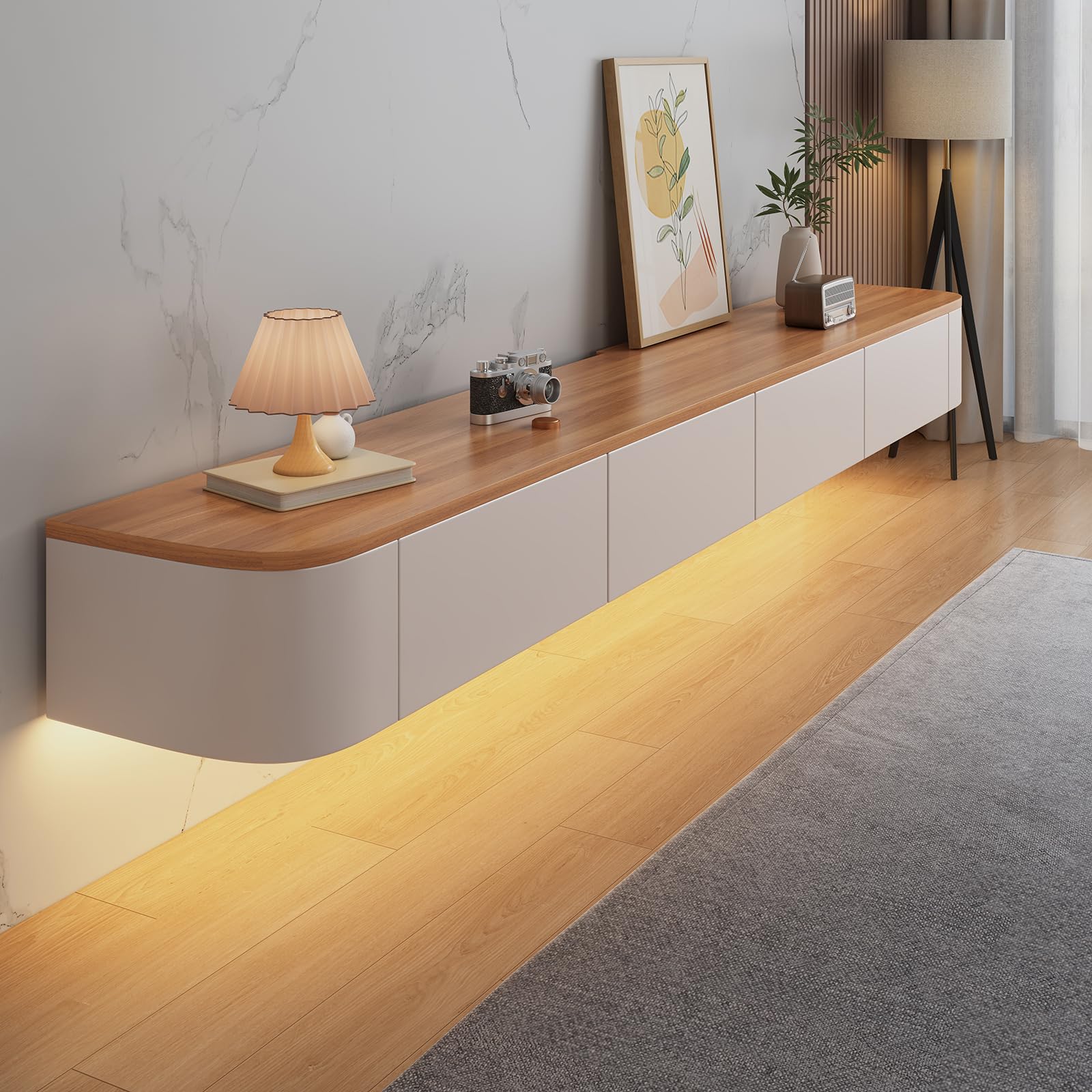 Mueble bajo moderno para TV colgante con iluminación LED, mueble para TV montado en la pared, de madera maciza, con cajones y estantes, consola multimedia para salón (Wood White+LED, 260 cm)
