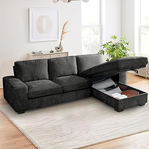 Convertible Sectional Sofa Couch with Chaise Storage, Modern L-Shaped Reversible Design, Comfortable Chenille Fabric, Removable Cushion Covers USB Type-C Ports for Living Room (Dark Gray)