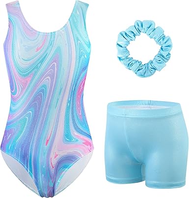HOZIY Girls Gymnastics Leotards Outfits Sparkly Bow Back Unitards Biketard with Tumbling Shorts Hair band Kids 3-10 Years