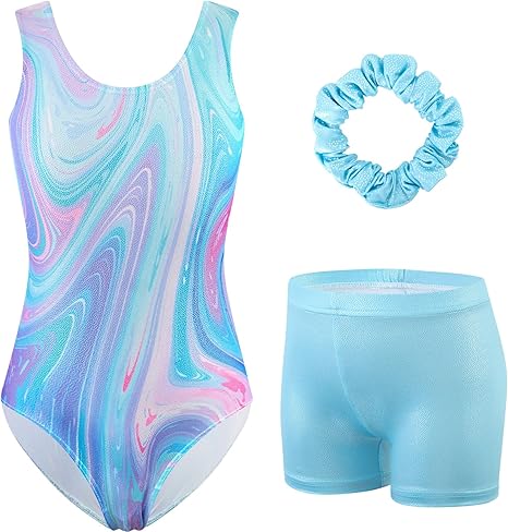 HOZIY Girls Gymnastics Leotards Outfits Sparkly Bow Back Unitards Biketard with Tumbling Shorts Hair band Kids 3-10 Years