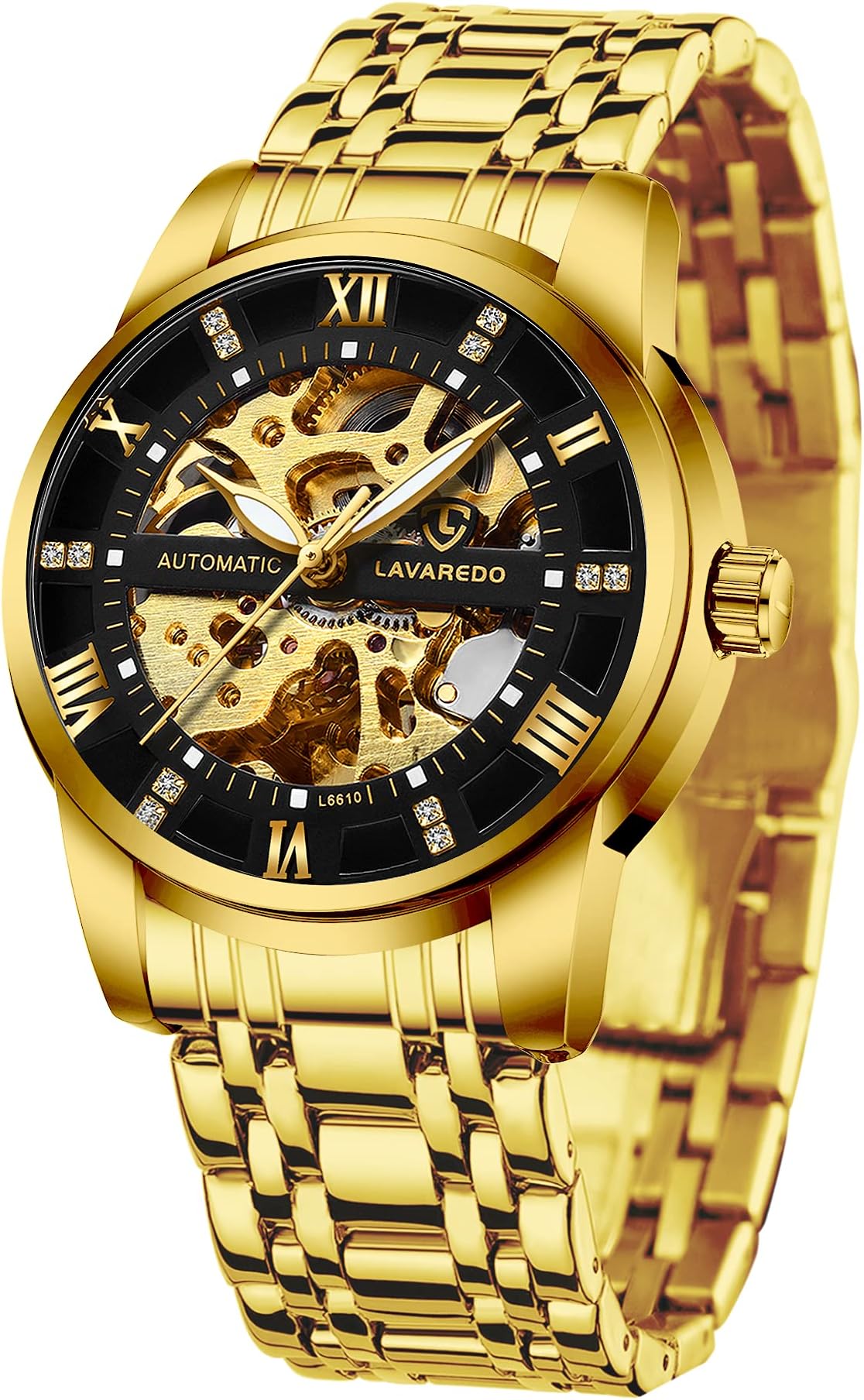 A ALPS Mens Watch Skeleton Luxury Mechanical Stainless Steel Waterproof Black Automatic Self-Winding Roman Numerals Diamond Dial Wrist Watch