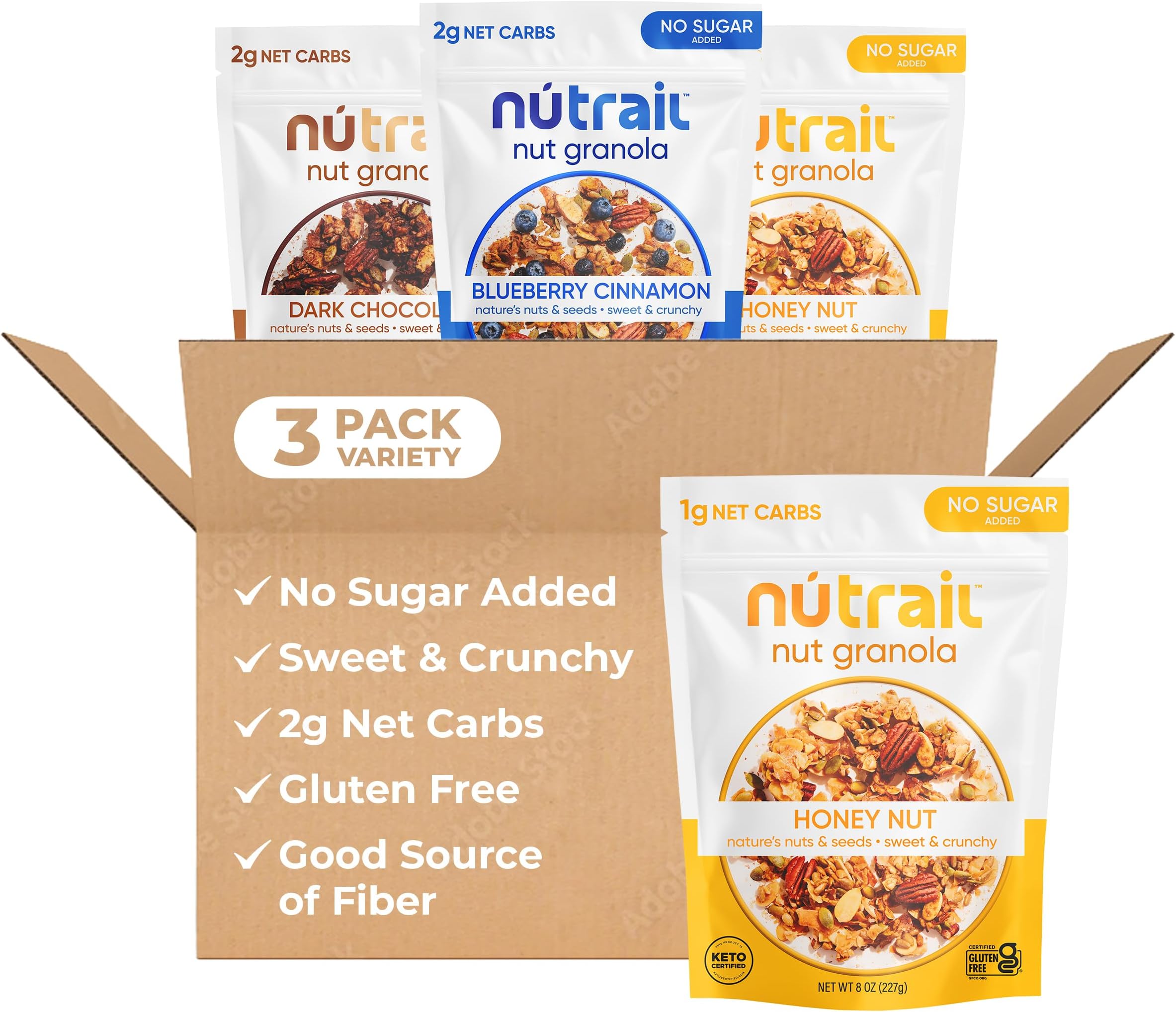 Nut Granola Cereal, Variety Pack, No Sugar Added, Keto, Low Carb, Gluten Free, Grain Free, Healthy Breakfast 8 oz. 3 Count
