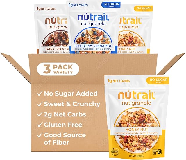 NuTrail No Sugar Added Keto Low Carb Gluten Free Grain Free Nut Granola Cereal Variety Pack