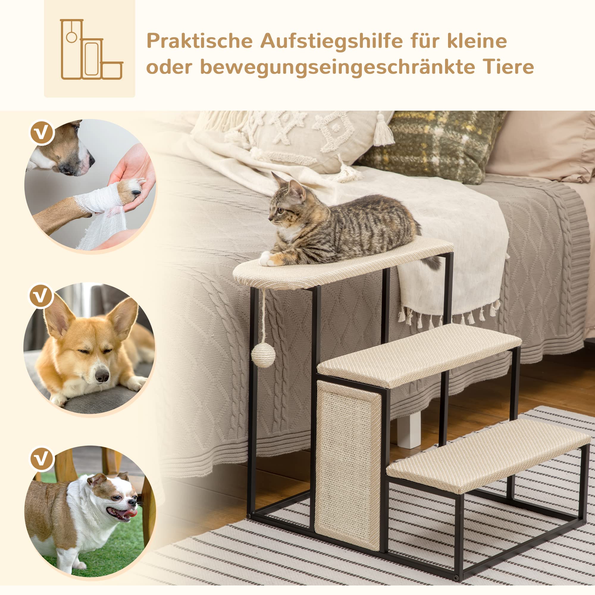 PawHut Hundetreppe 3 Stufen 53 cm Hoch Haustiertreppe für Katzen bis zu 6 kg Katzentreppe Hunderampe Einstiegshilfe für Bett, Sofa, Couch und Auto Cremeweiß+Schwarz