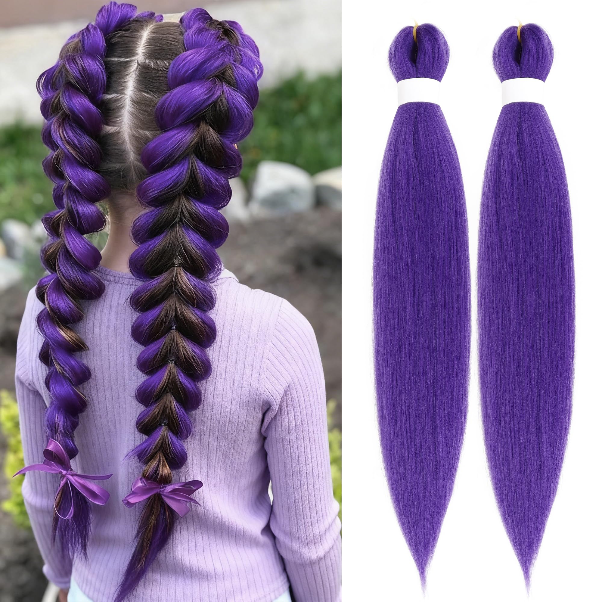 Long Purple Braiding Hair Pre Stretched Synthetic Braiding hair Extensions for Braids, Purple Hair Extensions for Stage Party Halloween Costume Cosplay 24 Inch Purple