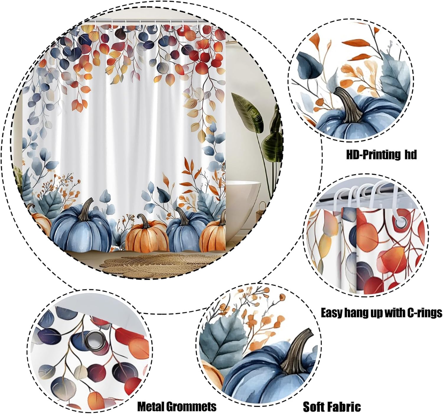 Fall Pumpkin Shower Curtain Autumn Thanksgiving Eucalyptus Leaves Pumpkins Harvest,Orange Blue 70" Wx84 H Fabric Bathroom Decor Curtain with Hooks