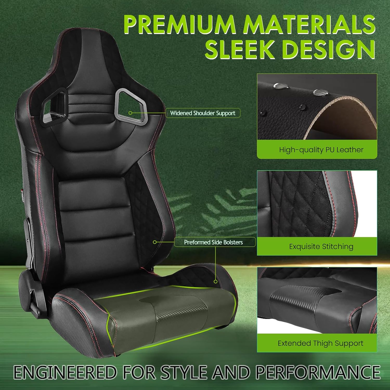 Universal Pairs of Racing Seat with Dual Sliders, PU & Suede & Plaid Front+Carbon Leather Back Reclinable Bucket Seat, Black PU+Side Suede+Red Stitch