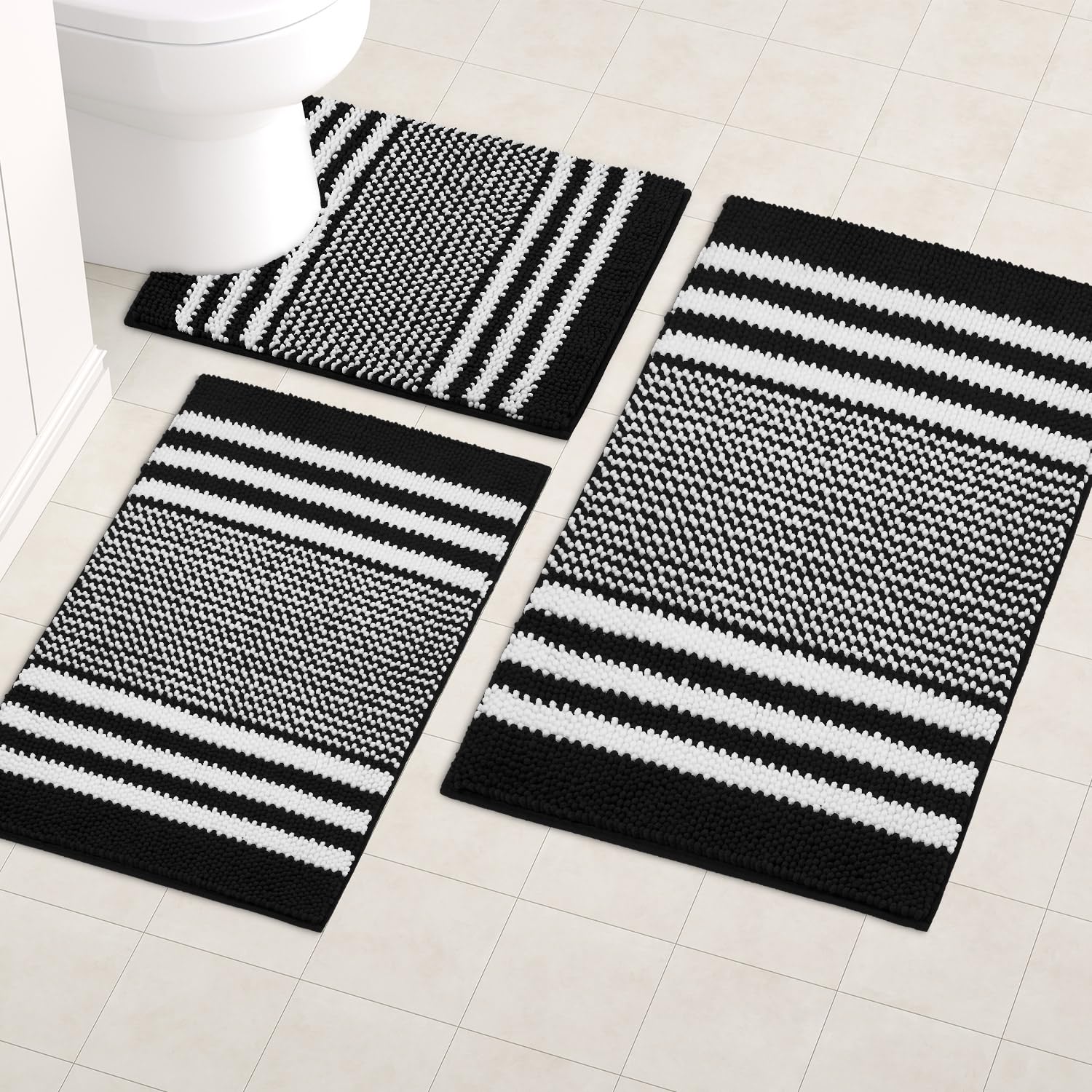 Tindbea Black Bathroom Rugs Set 3 Pieces, Striped Ultra Soft Non Slip ...