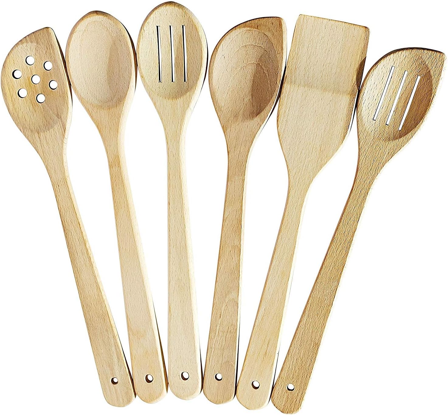 ECOSALL Healthy Wooden Spoons For Cooking Set of 6. Safe and Reliable Cooking Utensils for Kitchen – 100% Natural Nonstick Wood Spatula Spoon For Scraping, Stirring, Serving – Uncoated Solid Hardwood