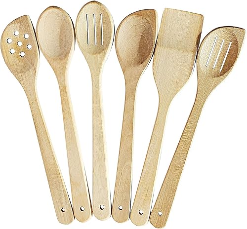 ECOSALL Juego de 6 cucharas de madera saludables para cocinar. Utensilios de cocina seguros y confiables para cocina, cuchara de espátula de madera