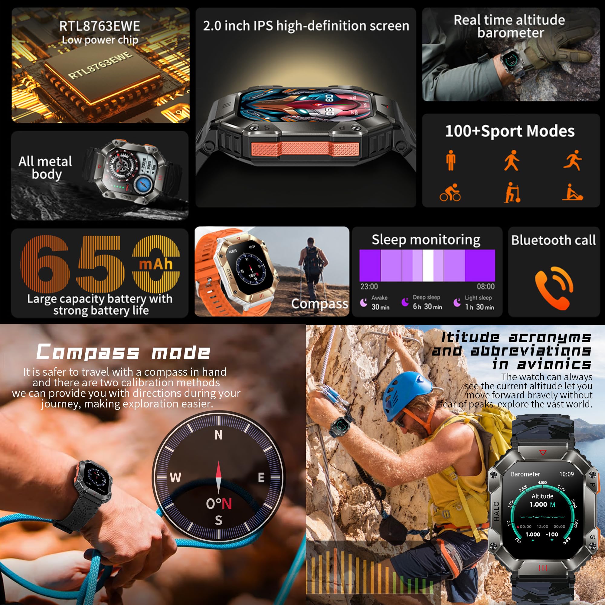 ZPIMY Montre Connectée Homme avec Appel Bluetooth, 2,0” AMOLED 5ATM Smartwatch Homme avec 100+ Modes Sportifs Tracker d'activité, Sommeil, SpO2, Smart Watch pour iOS Android (Noir)