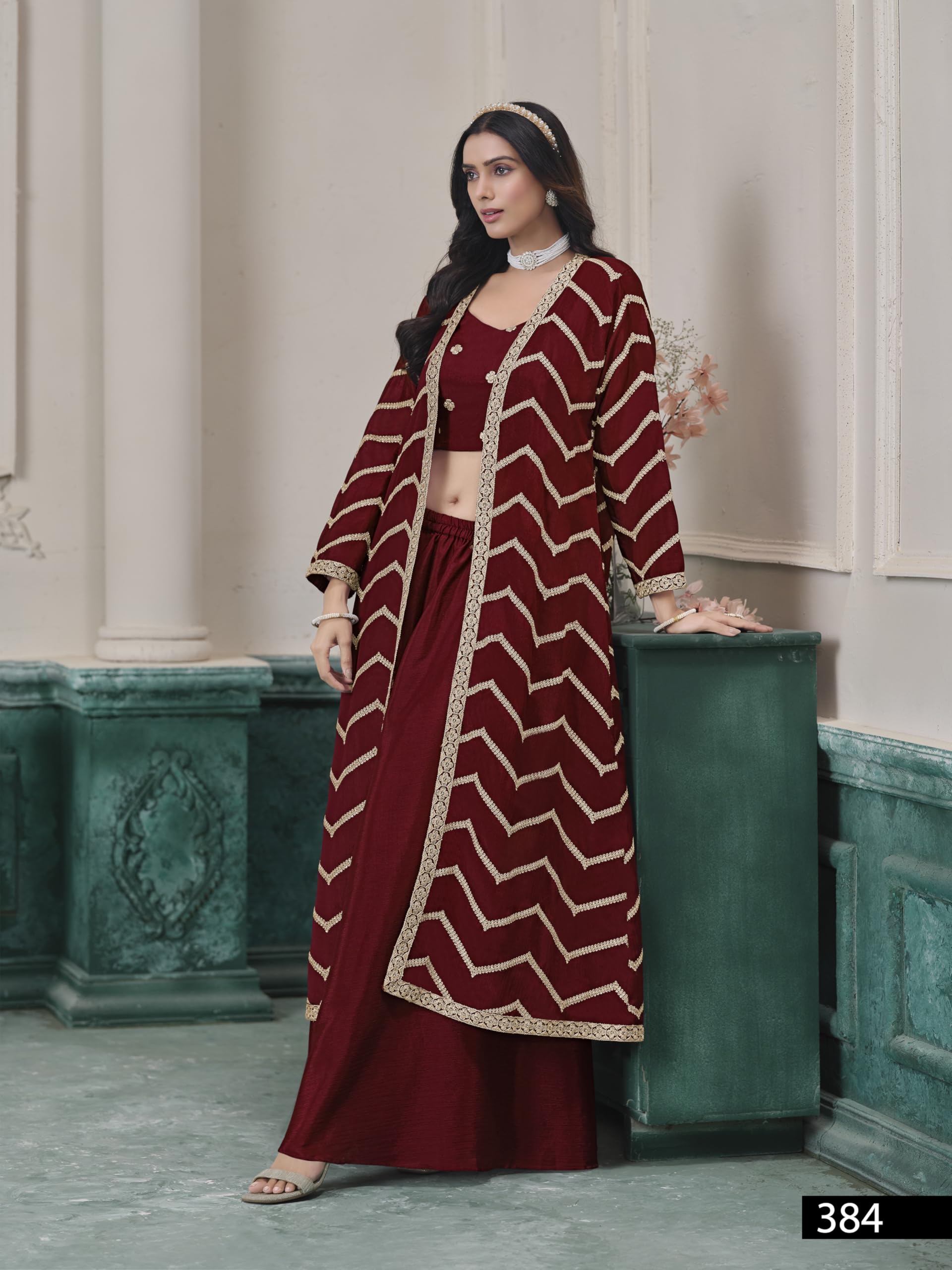 Chinon Haftowany krótki top Palazzo z designerskim zestawem kurtek dla kobiet, ślub, odświętna odzież imprezowa