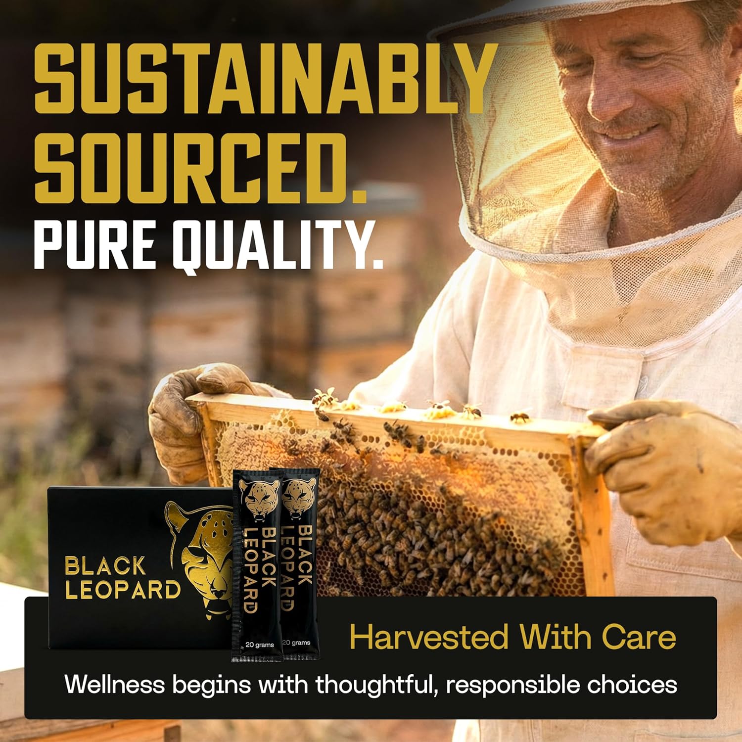 Black Leopard Honey Packs, Pure Honey Sachets with Bee Pollen, Single Serve Honey Packets for Natural Energy and Daily Vitality, 20 Gram Sachets, Pack of 10