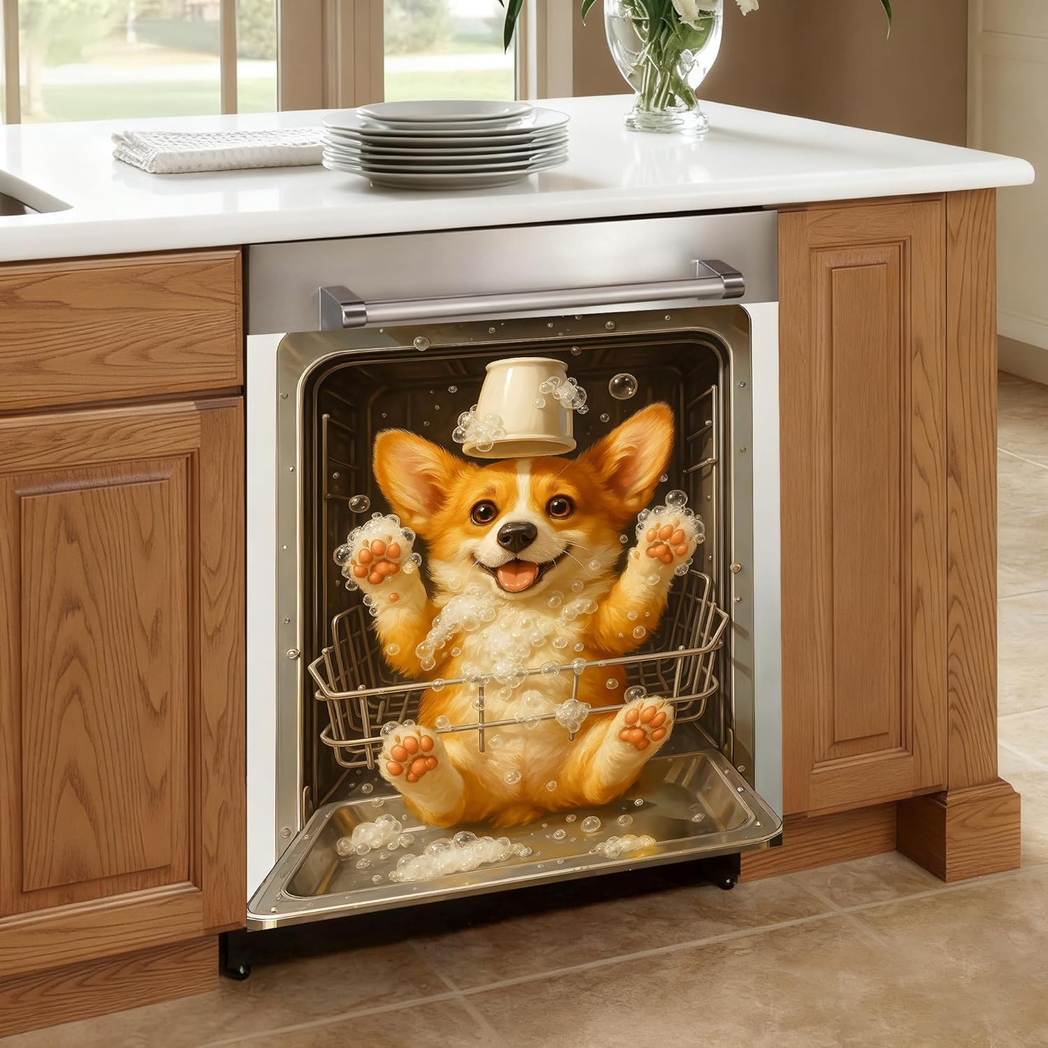 Dishwasher Magnet Cover, Dishwasher Magnetic Decoration Sticker, Refrigerator Protection Decoration, Cute Puppy Kitchen Art Decoration 23x25.5 inches (Bubble Puppy)