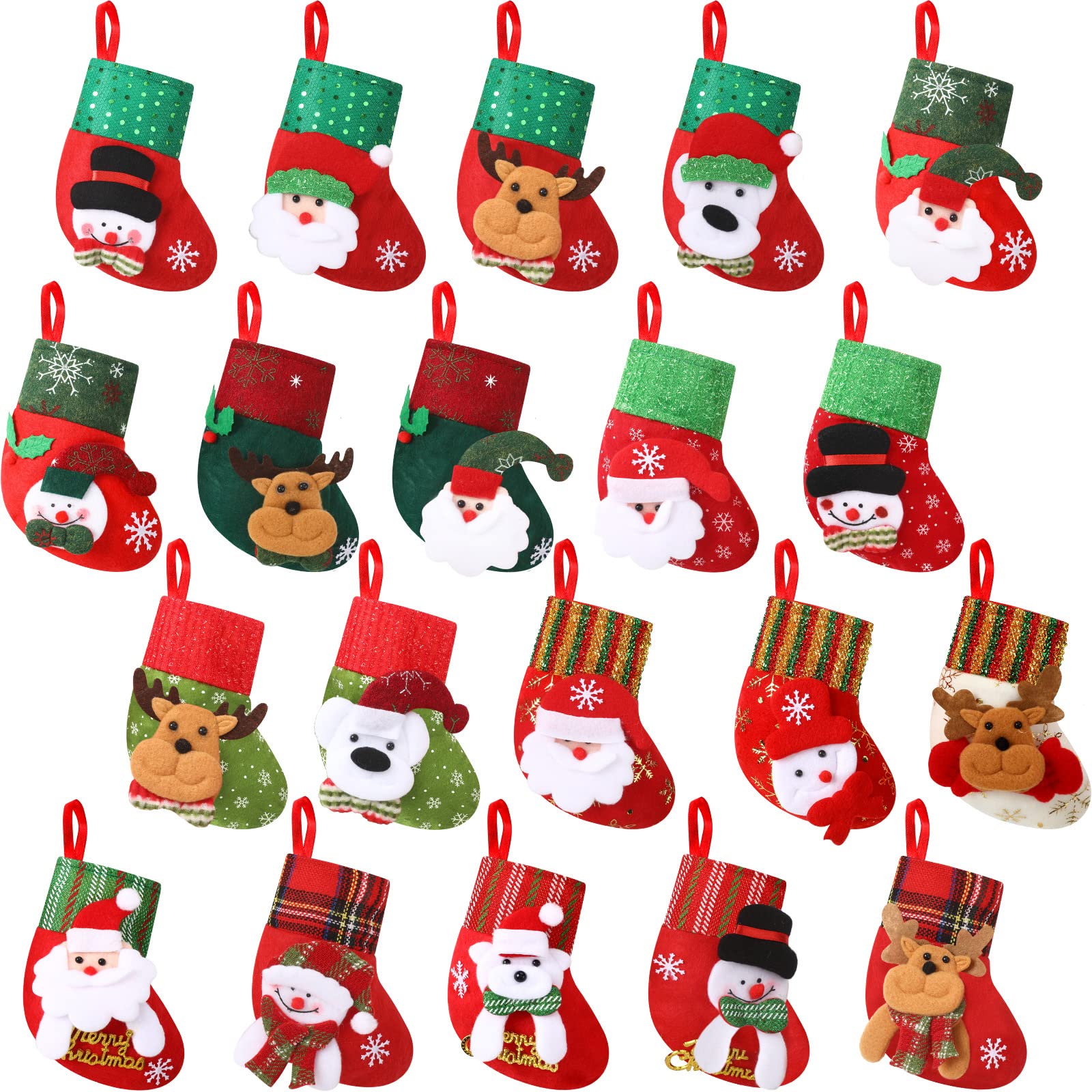 20 Pcs Mini Christmas Stocking 6.3 Inch Mini Xmas Stockings 3D Gift Card Ornament Holder Santa Snowman Reindeer Bear Candy Holder Gift Bag Tiny Christmas Tree Party Decorations