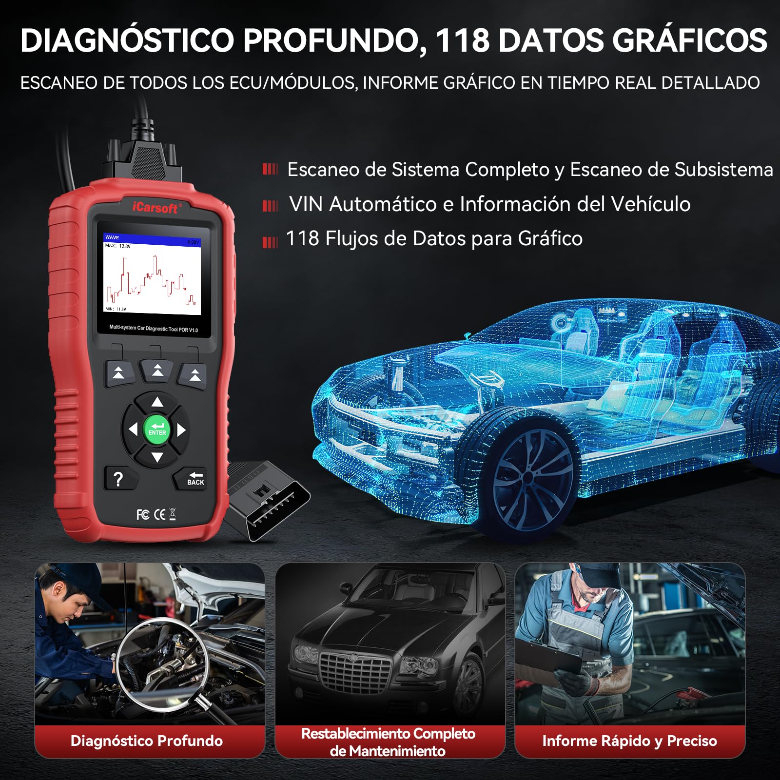 iCarsoft por V1.0 OBD2 Máquina Diagnosis Coche para Porsche/Cayenne/Macan, Escáner de Todo el Sistema, Reinicio de Aceite, Calibración SAS, Prueba de Batería, Actualización de por Vida
