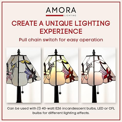Miniatura 5 de Amora Lámpara de mesa Tiffany vintage, lámpara de mesita de noche de vidrio floral manchado, luz de noche de mesa, lámparas de vidrio blanco