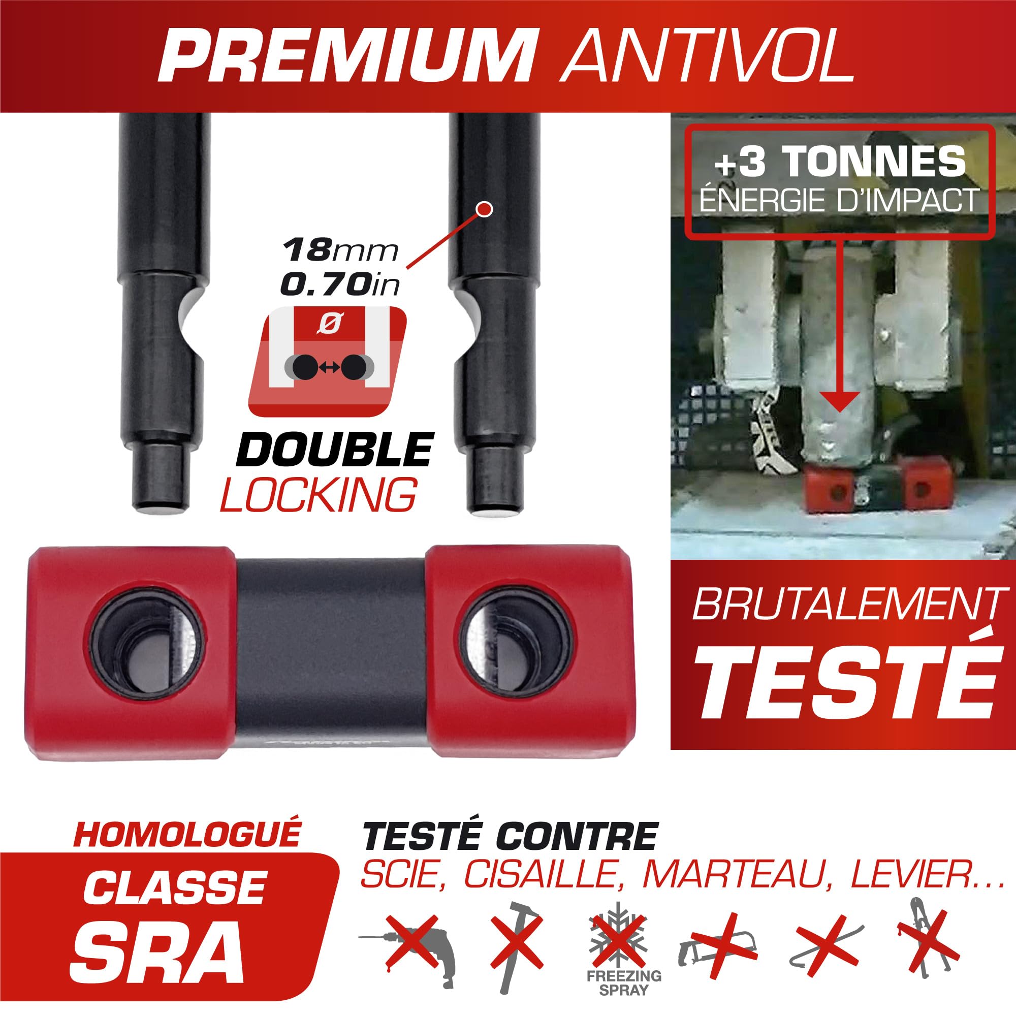 RADIKAL RK75150 Chaine Antivol Lourd Premium ø15mm + Mini U, Haute Sécurité Homologué SRA, 150cm Entièrement Testée +Visible, Antivol Multifonction pour Disque Frein, Ancrage, Parking, Scooter, Velo
