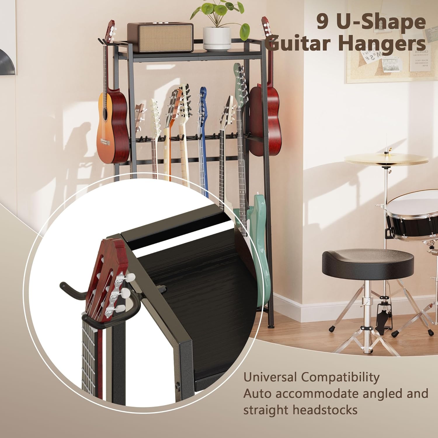 Guitar Stand, Guitar Rack Holder for Acoustic Guitar, Electric Guitar, Bass Display Stand, Multiple Guitar Rack Holder for 7-9 Guitars, Guitar Amp Accessories, for Home Music Studio, Black