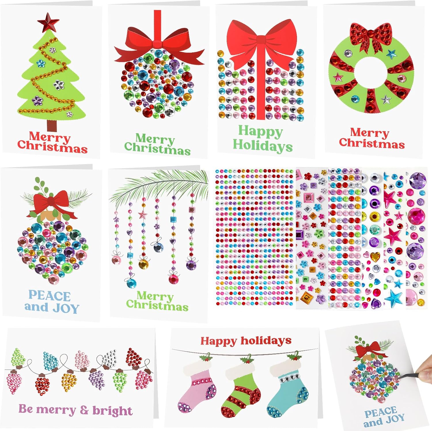 65Pcs 24 Sets Christmas Card Making Craft Kit Gem Stickers Jewels DIY Make Your Own Christmas Cards Xmas Greeting Card With White Envelopes for Boys Girls Students Christmas Classroom Activities
