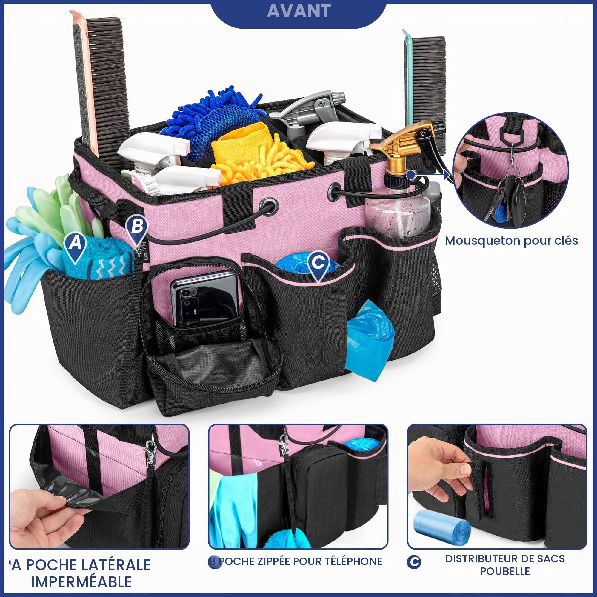 LoDrid Panier de nettoyage avec séparateur amovible, noir et rose | Organiseur de produits de nettoyage avec poignée et bandoulière, sacs de ménage pour femmes de ménage et agents d'entretien