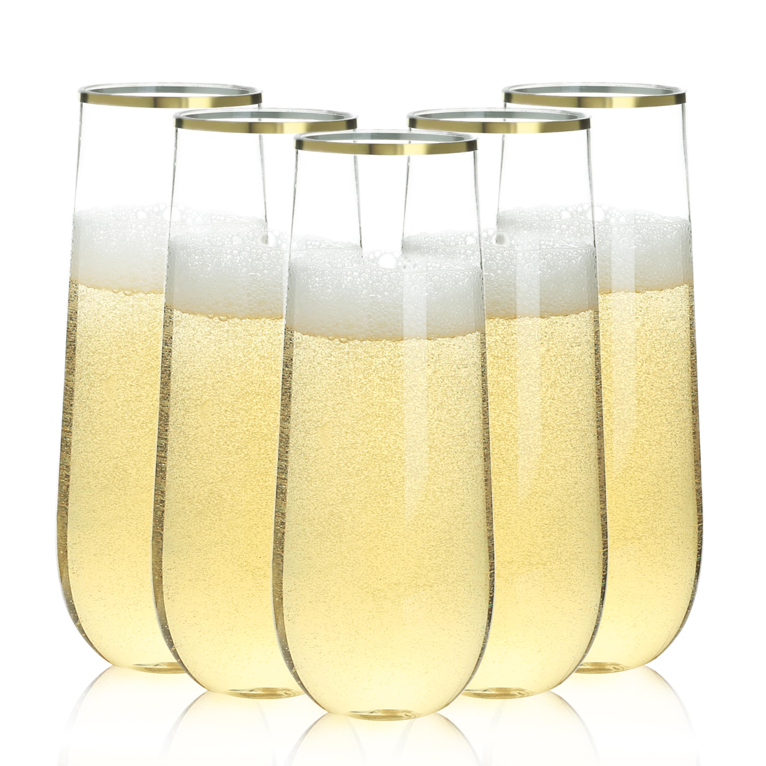 Bestluck 24 Pack 9 oz Stemless Plastic Champagne Flutes Clear Disposable Champagne Glasses Gold Rim Shatterproof and BPA-Free