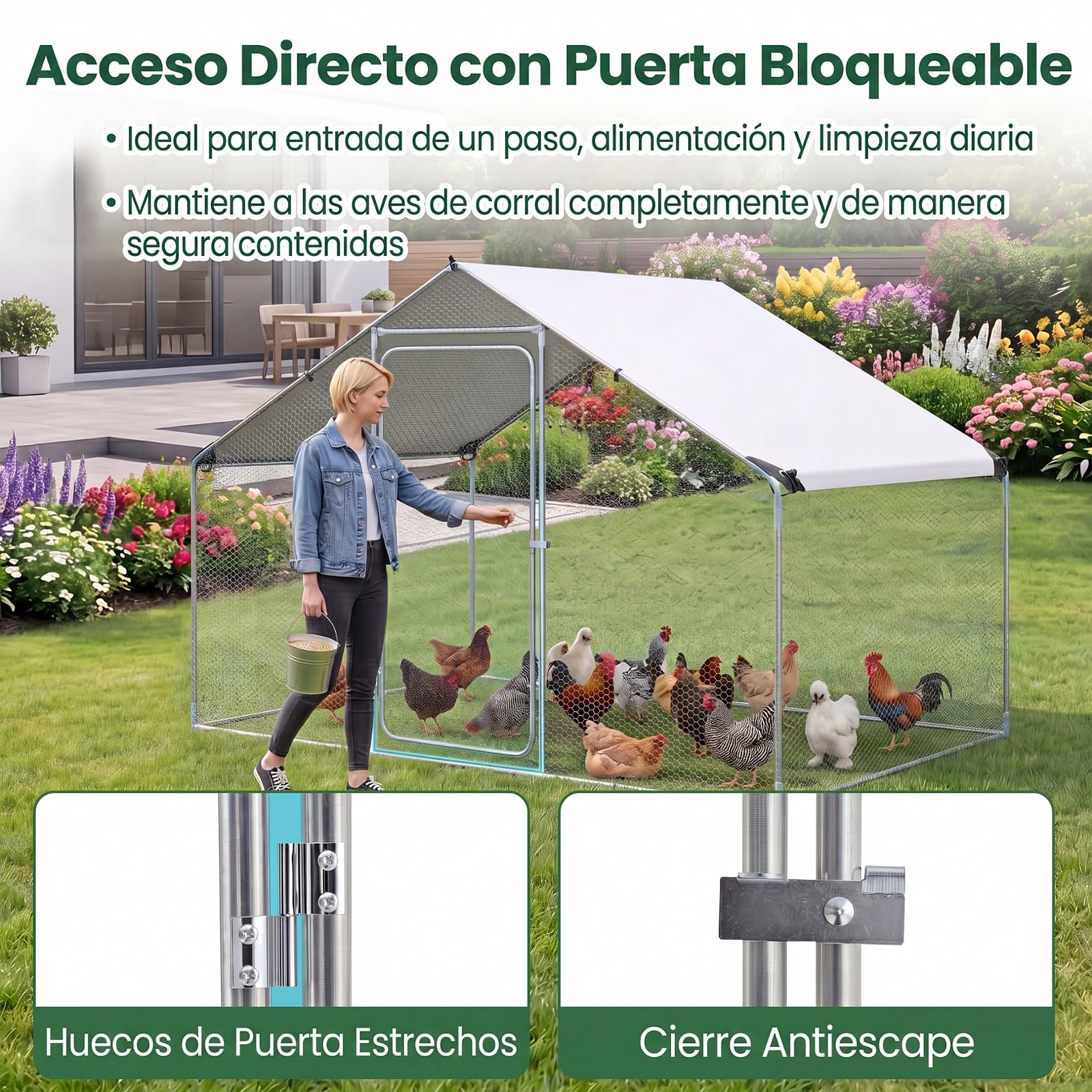 GYMAX Gallinero para Exterior Grande, 300 x 203 x 202 cm Jaula Gallinas de Metal con Corral Accesible, Cubierta Impermeable, Puerta Bloqueable y Estacas, Recinto Gallinero para Jardín, Granja