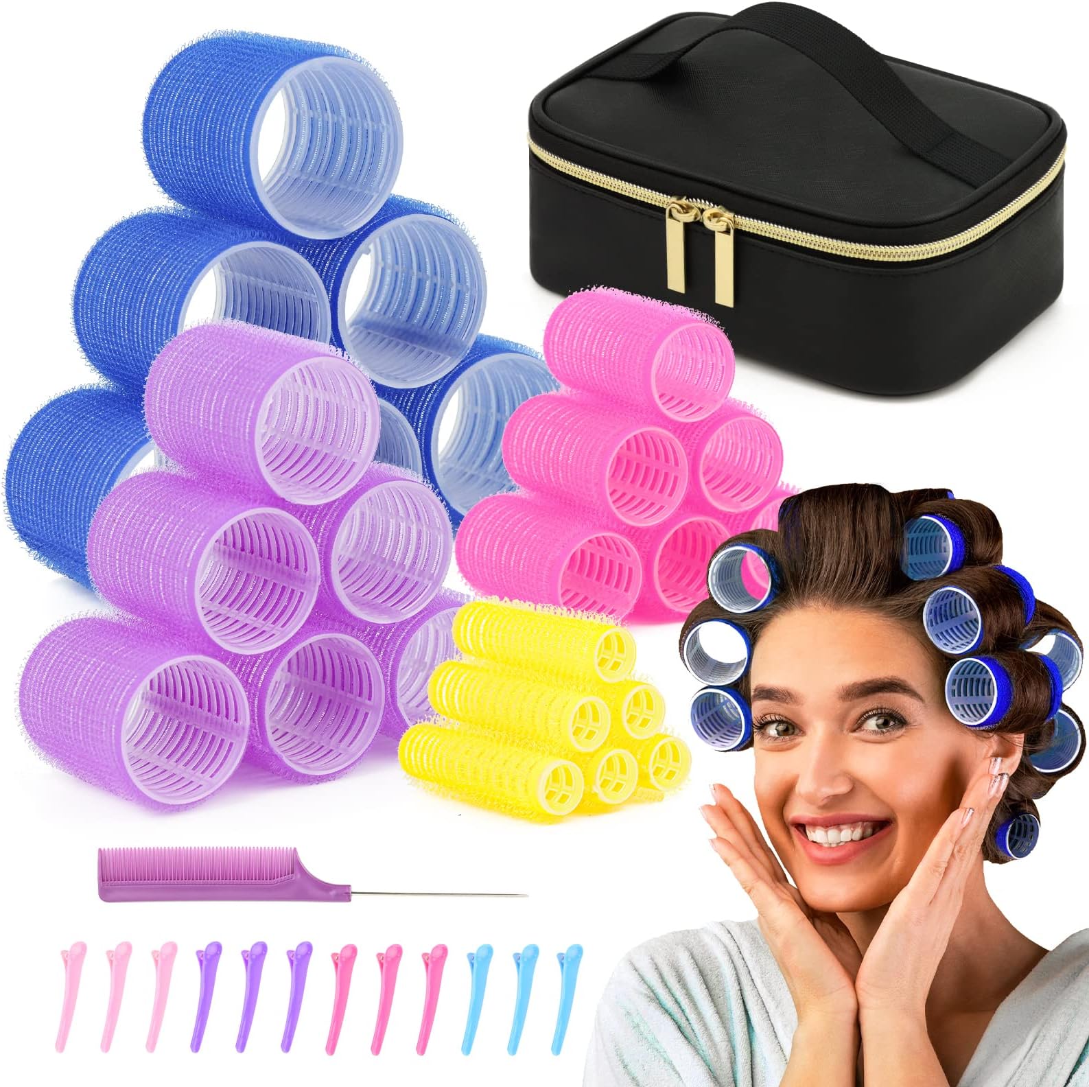 Hair Rollers Set with Free Cosmetic Bag Self Grip