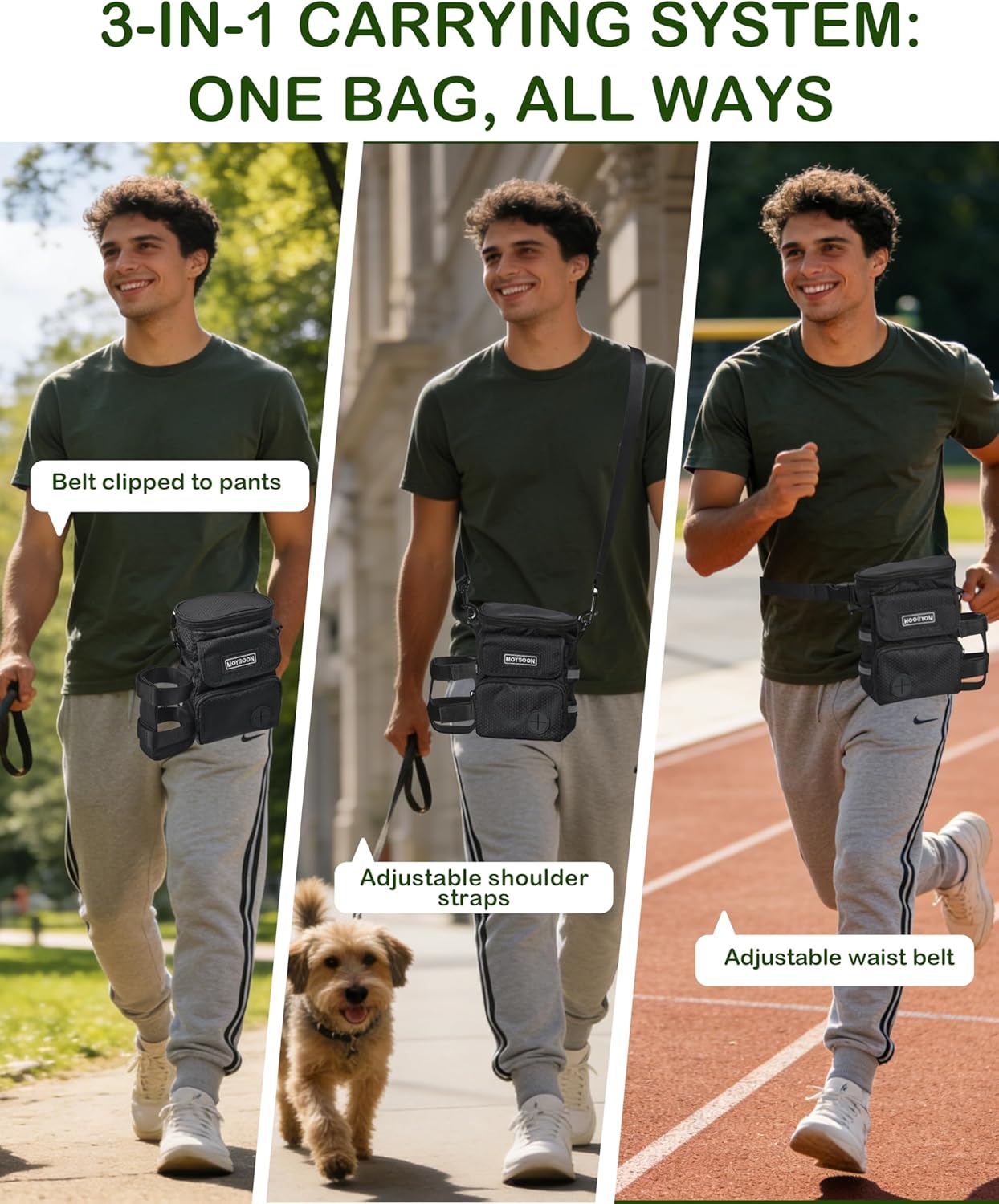 Dog Training Treat Pouch with Waist Belt & Shoulder Strap - Adjustable 3-Way Wear Waterproof Dog Walking Bag - Multi-Pocket Fanny Pack for Treats, Poop Bags & Accessories