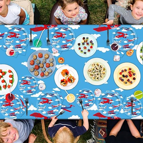 Miniatura 6 de Suministros para fiesta de cumpleaños de avión, sirve 24 platos de papel para fiesta de avión, juego de servilletas de mantel de avión, kit de
