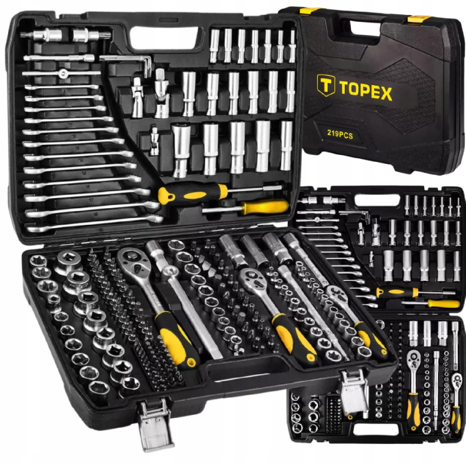 TOPEX Werkzeugkoffer 219-tlg: 1/2", 3/8", 1/4" Nüsse | Ratschen, Bits, Knarrenkasten, Für Kfz, Werkstatt & Heimwerker, Universal-Set Knarrenkasten Universal-Werkzeugkoffer