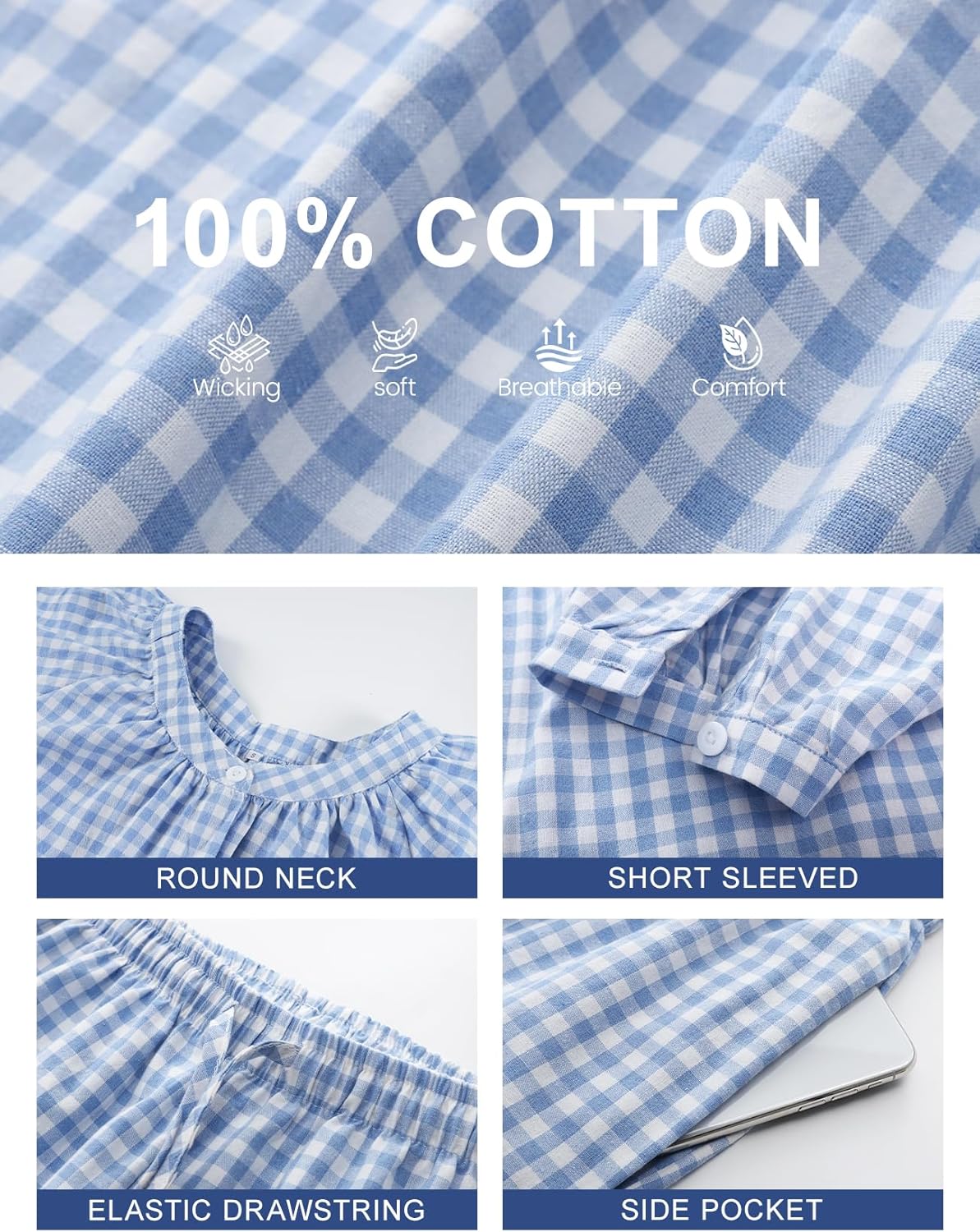 PEHMEA 2 Piece Gingham Pajama Sets for Women Summer Outfits 2026 Plaid Babydoll Shirt Ruffle Shorts Lounge Pjs - Image 6