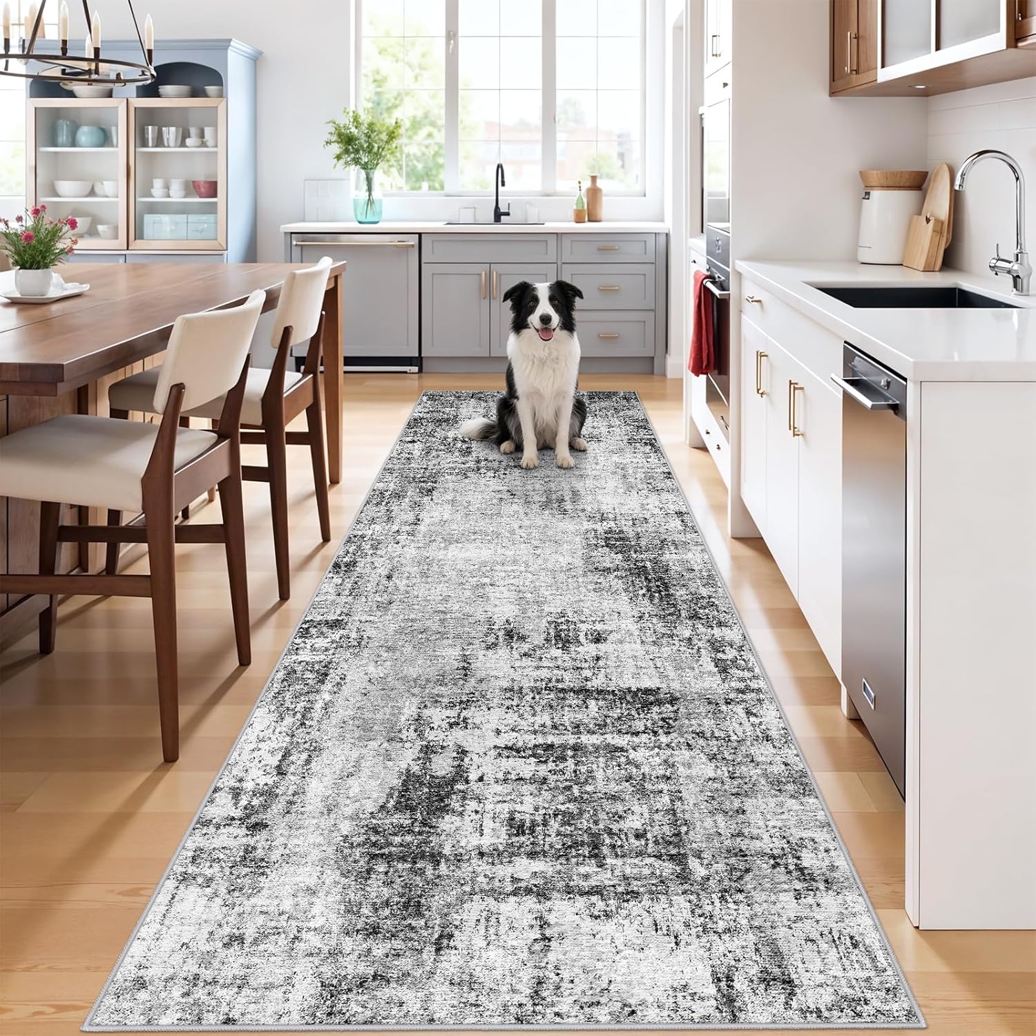 3x10 Runner Rug Non-Slip Washable: Modern Long Hallway Runner Rug Water Resistant Kitchen Floor Mat with Rubber Backing - Abstract Low Pile Wide Decorative Carpet for Bedroom Entryway（Black 3x10）