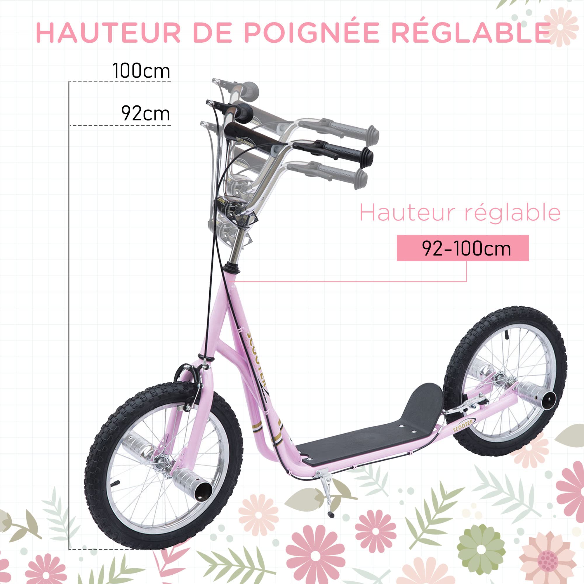HOMCOM Trottinette Grandes Roues pneumatiques Ø 41 cm avec pegs