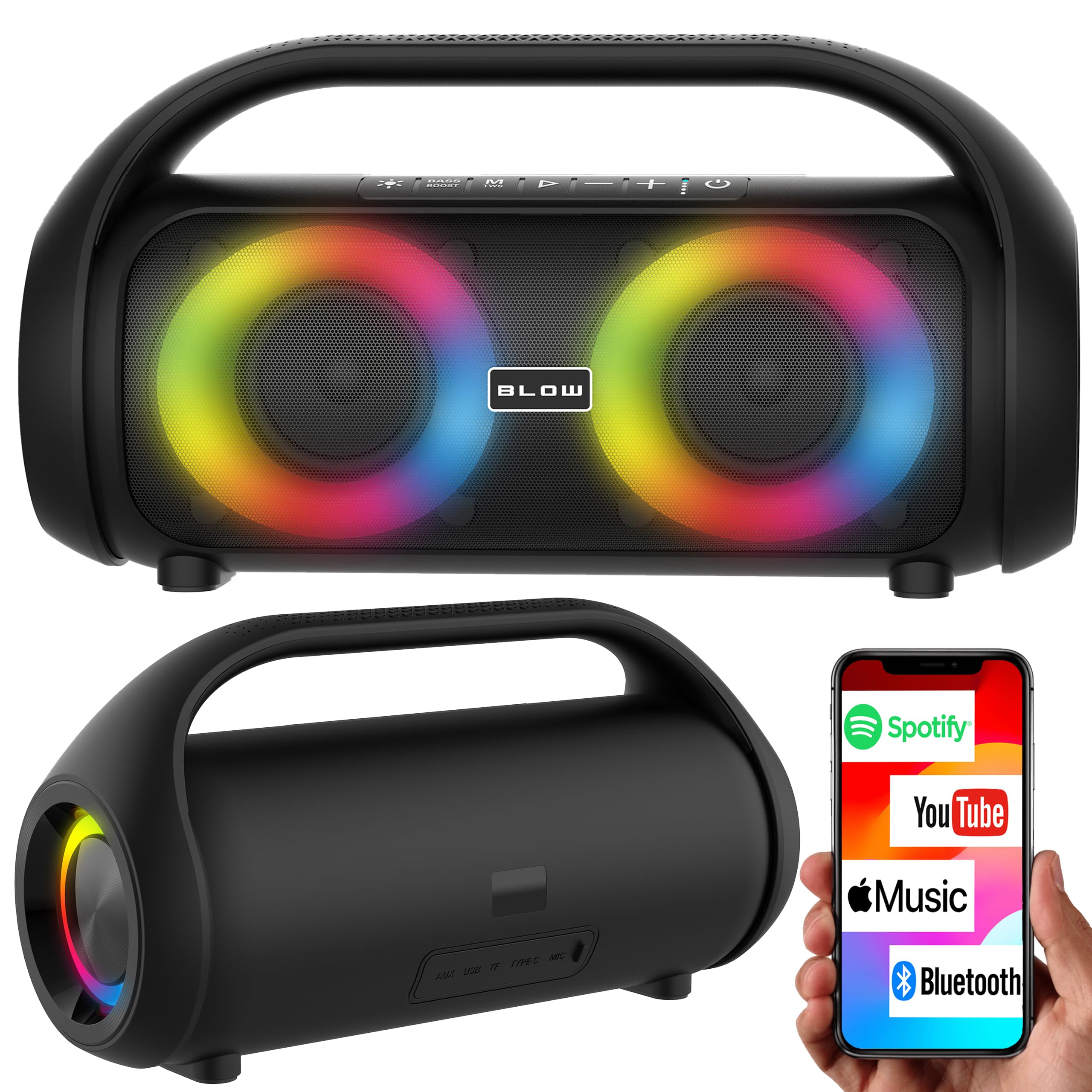 BLOW GŁOŚNIK BLUETOOTH PRZENOŚNY BEZPRZEWODOWY WODOODPORNY IPX5 RADIO FM USB RGB