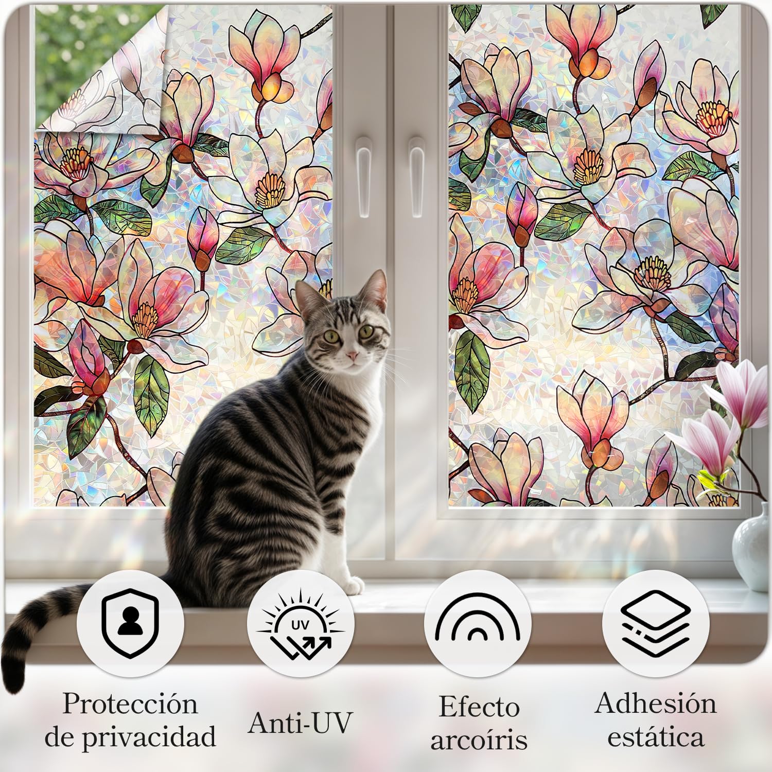 Qualsen Vinilos para Cristales Efecto Arcoiris Vinilo Ventana Privacidad Patrón de Flor de Magnolia Electrostática Decorativos Vinilo Cristal Anti UV No Adhesivo Lámina para Hogar Bano 90x400cm