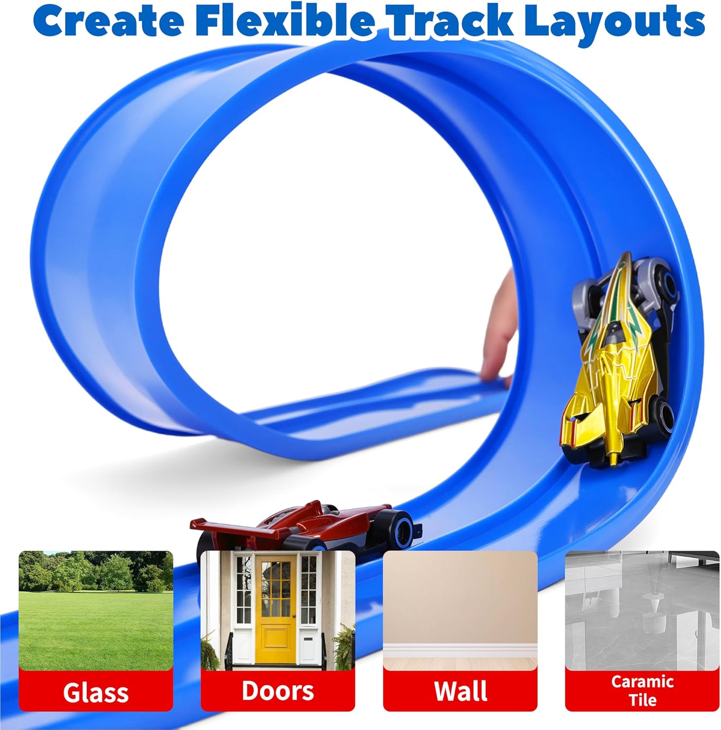 15 Ft Flexible Race Car Track for Kids, Double-Sided Racetrack with Suction Cups, Race Car Ramp Track & Compatible 1:64 Diecast Cars,Portable Roll Up Track Toy,Gift for Boys Girls Ages 3-5 5-7